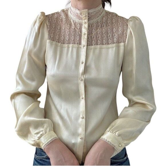 Vintage 1970s Gunne Sax Ivory Cream Satin Romantic Cottagecore Blouse Sz S - Picture 2 of 10